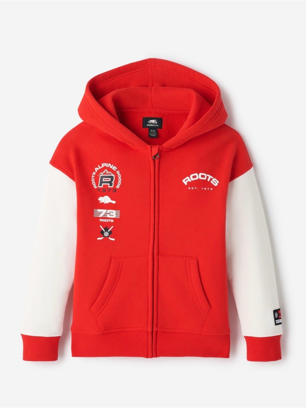 Roots BNWT Kids Red and White Zip-Up Hoodie with Alpine Graphics
